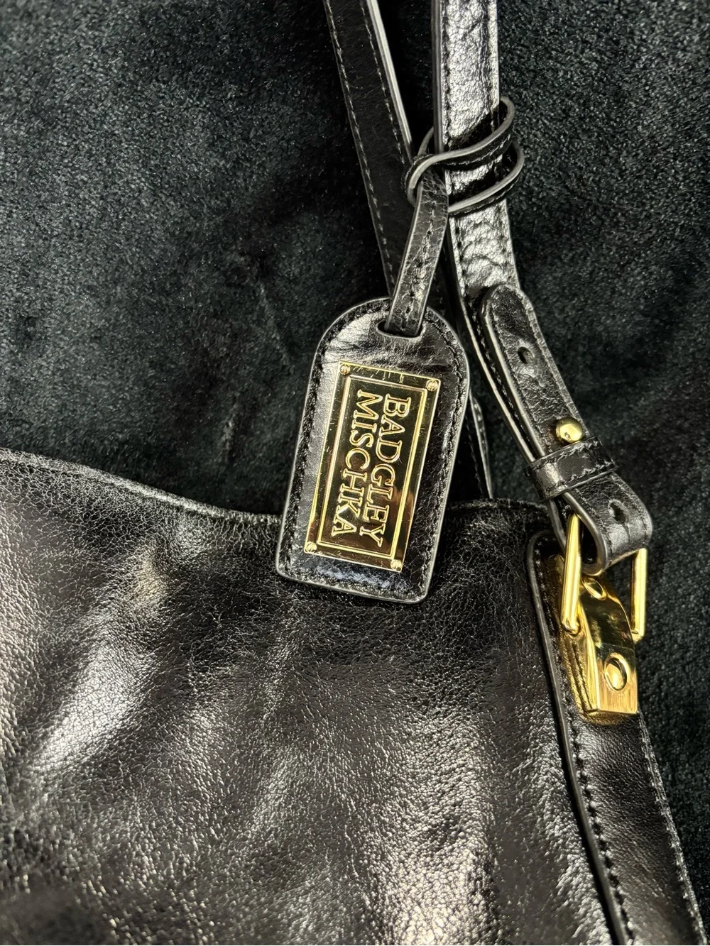 Badgley Mischka Black Genuine Leather Expandable Tote Shoulder Bag